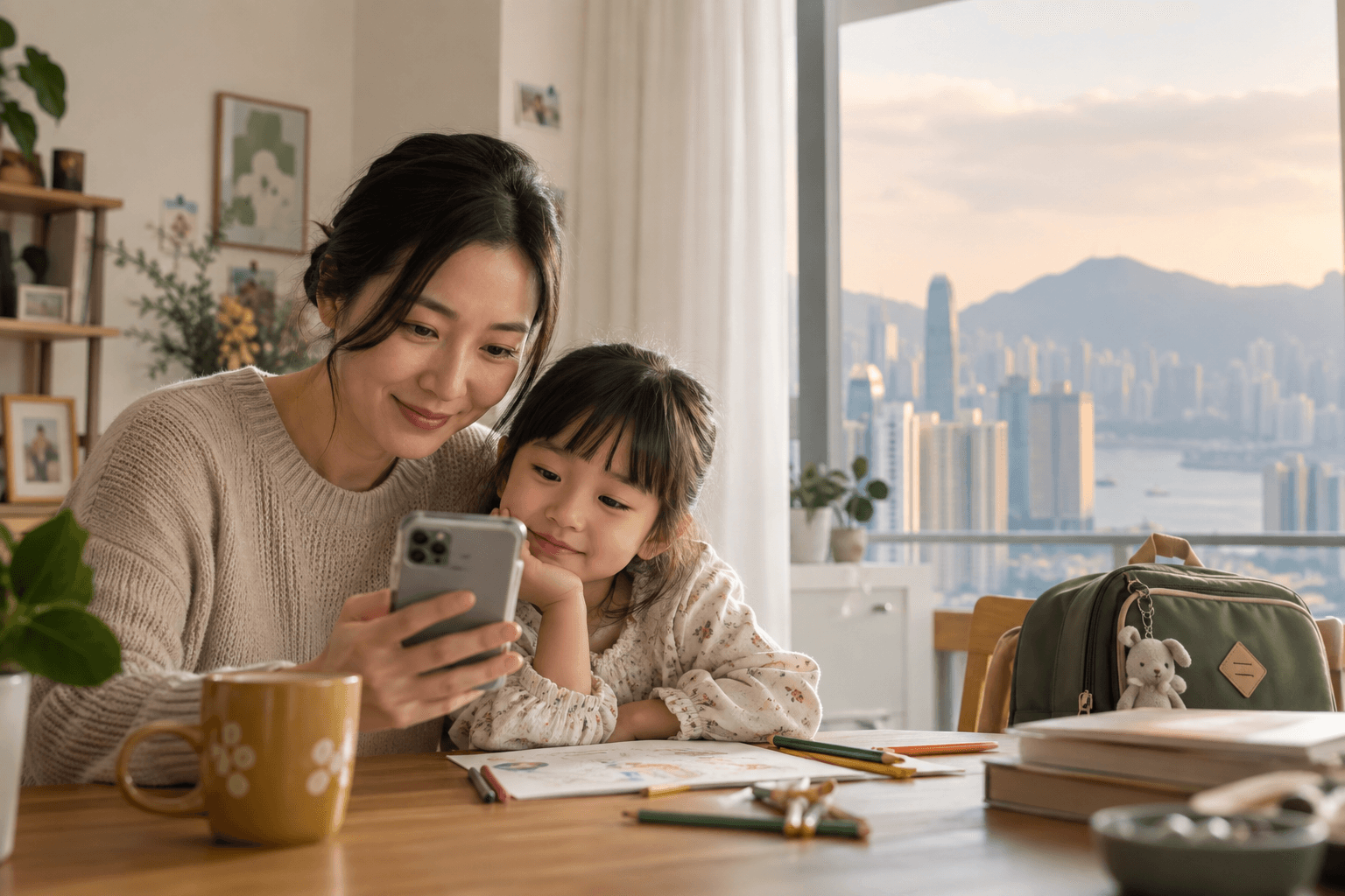 A parent and child viewing a school update on a phone at home